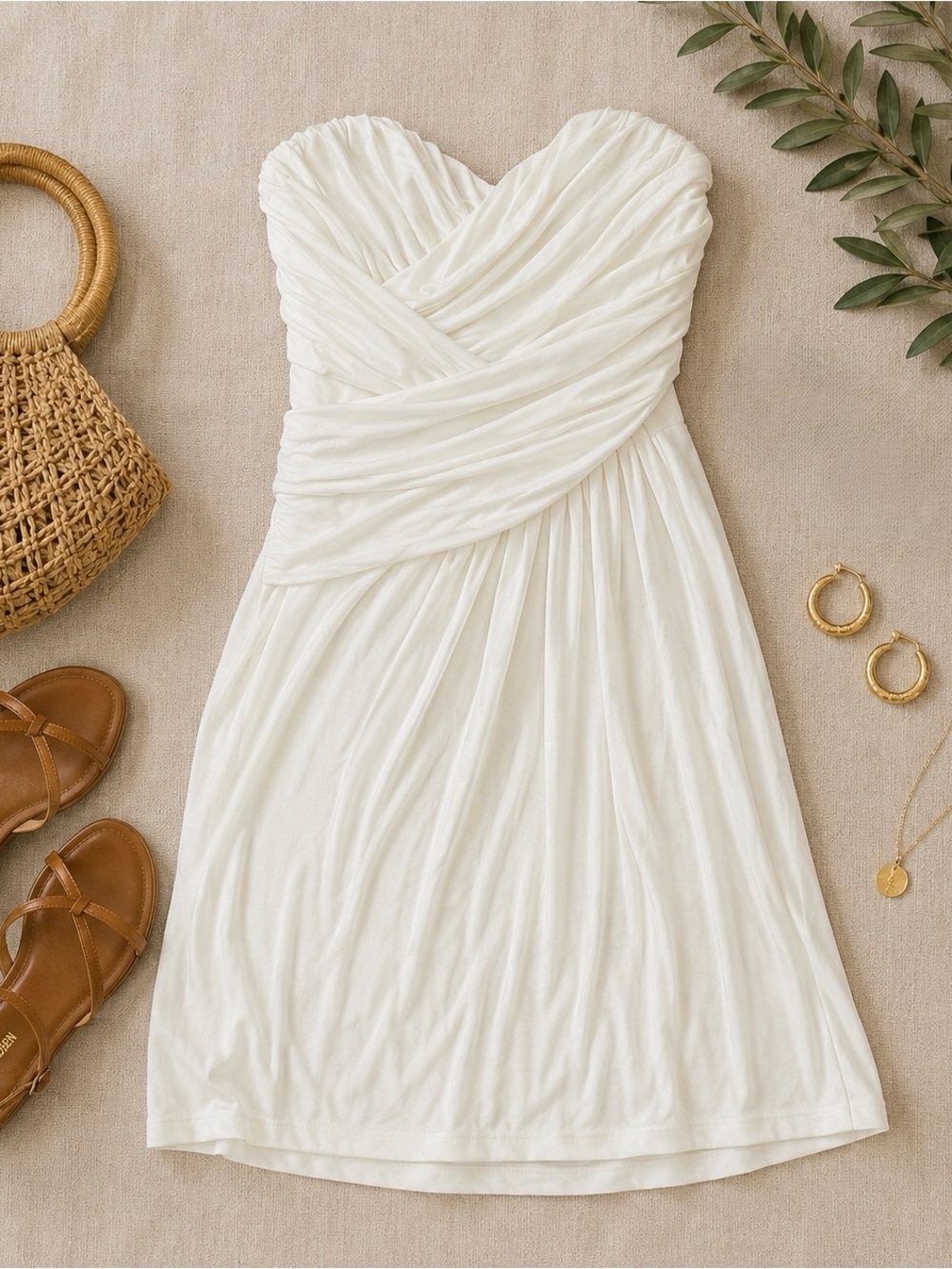 Express Strapless White Ruched Summer Dress